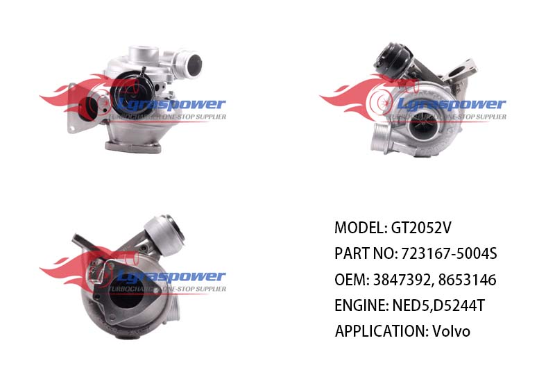 GT2052V, GT2052SV 723167-5004S 723167-0001, 723167-0002, 723167-0003, 723167-0004, 723167-0007, 723167-1,723167-2, 723167-3, 723167-4, 723167-7 3847392, 8653146, 8653122, 8603296, 8689592, 8603396 NED5, NED5 Euro III, D5244T  Volvo Penta ,Volvo S80 TURBO TURBOCHARGE
